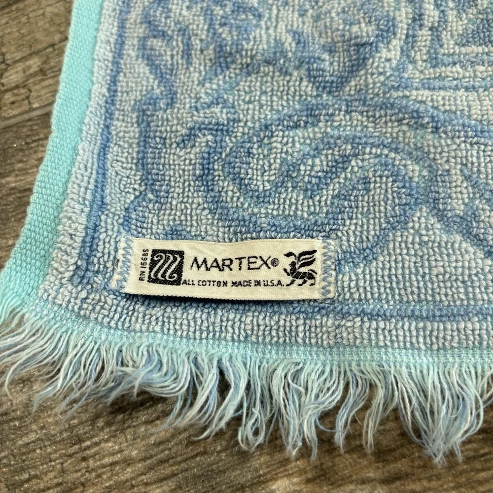 Vintage 1960s 1970s Martex Blue Ornate Hand Towel Fringe Made USA Cotton MCM